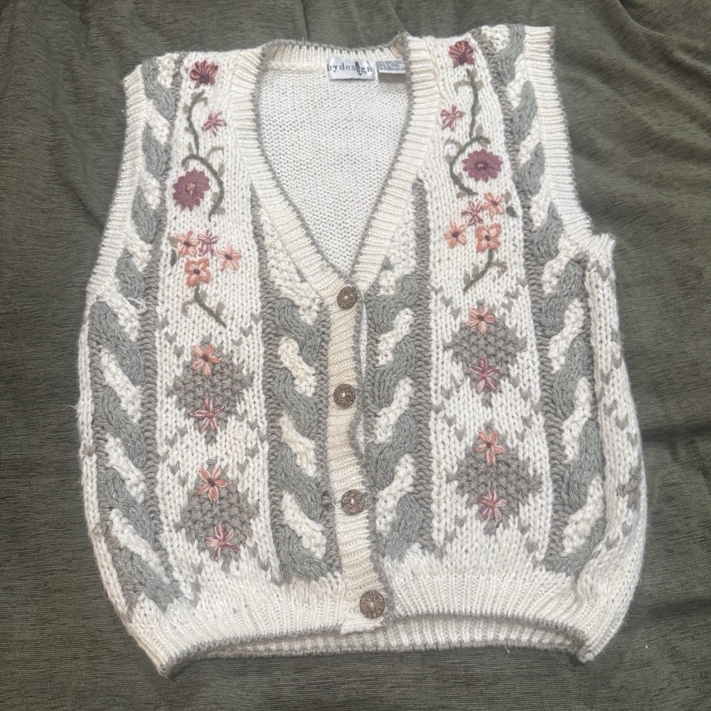 Vintage By Design Knit Floral Embroidered Women's Vest Sz M Cottagecore Neutral